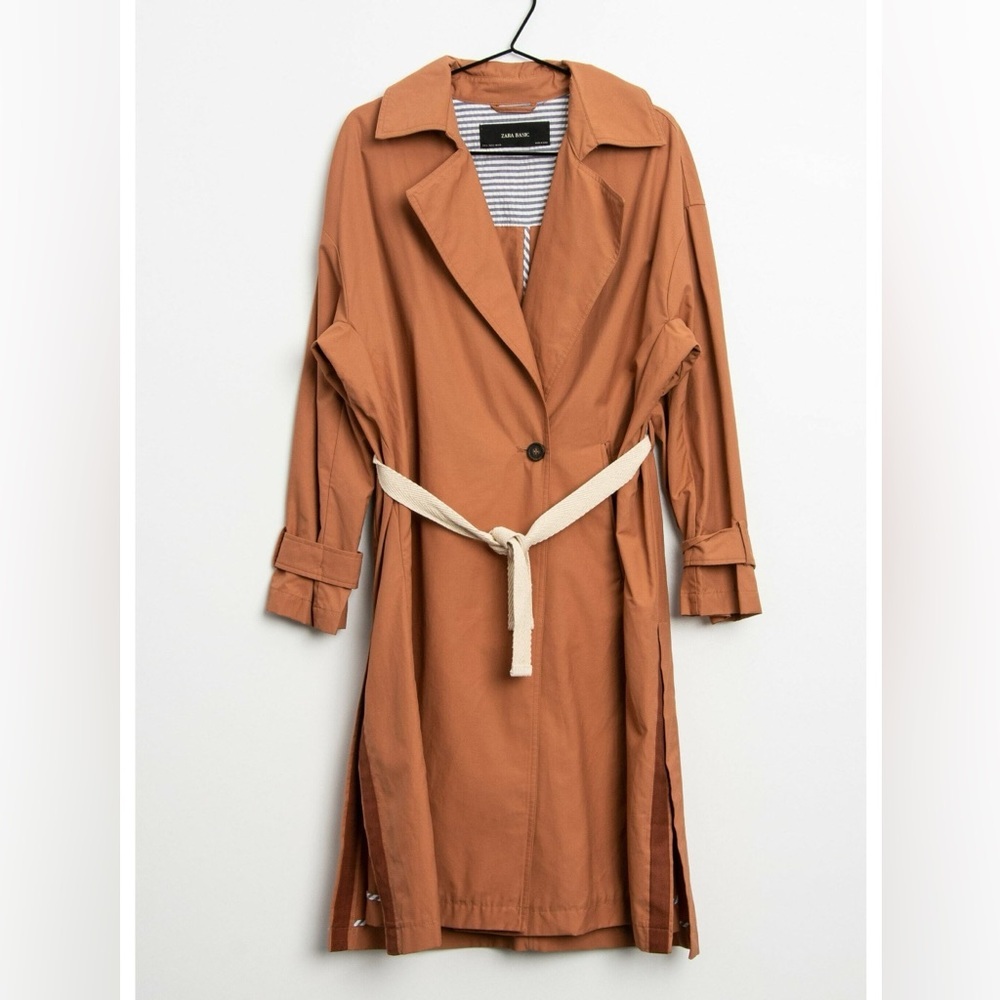 ZARA Trench Coat Contrasting Belt Size Small Single Button Notched Collar Orange - Picture 6 of 16